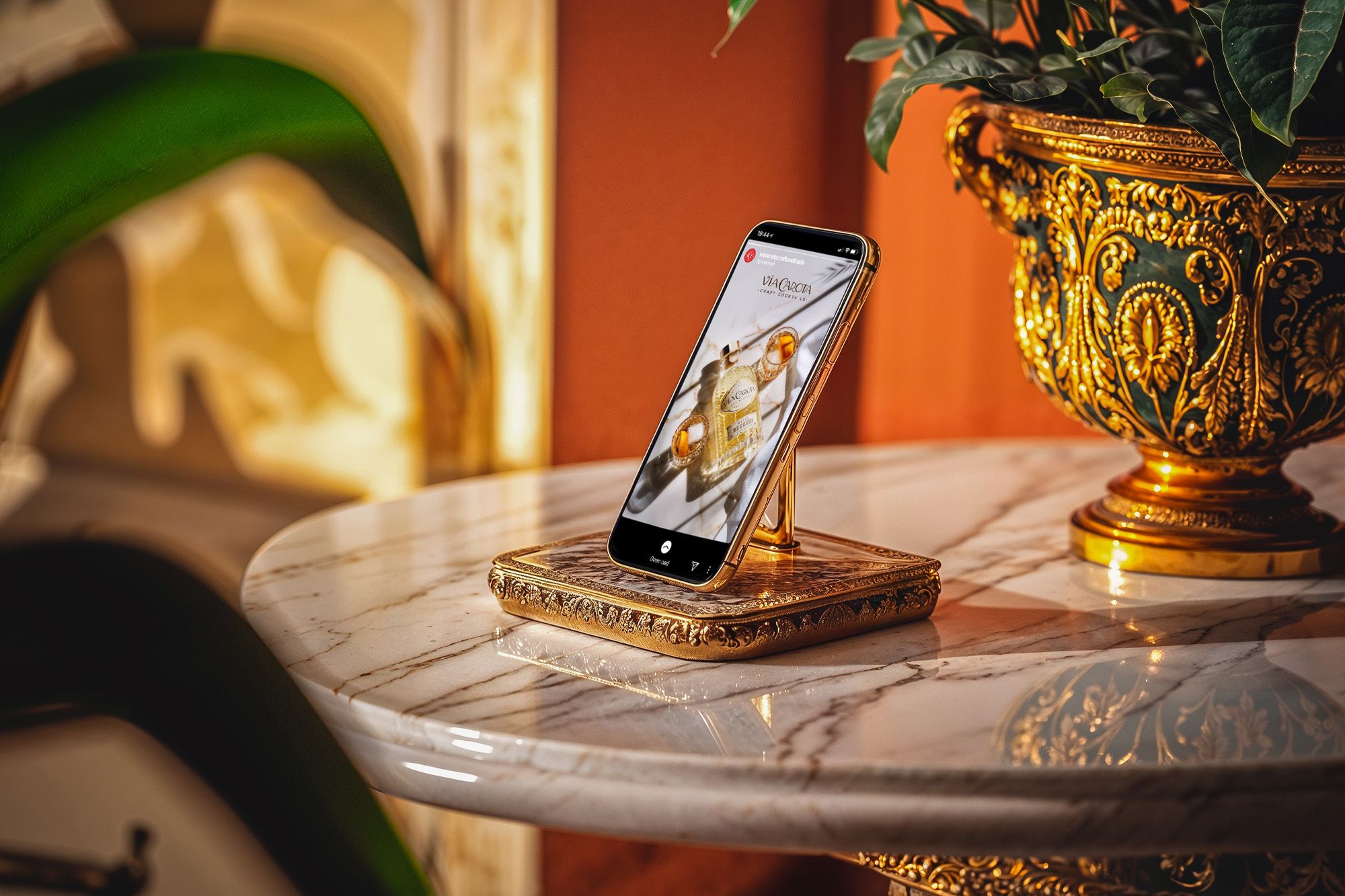 A gold phone on an ornate stand plays a Via Carota social story, marble table and brass planter around it — Chronos Studio.