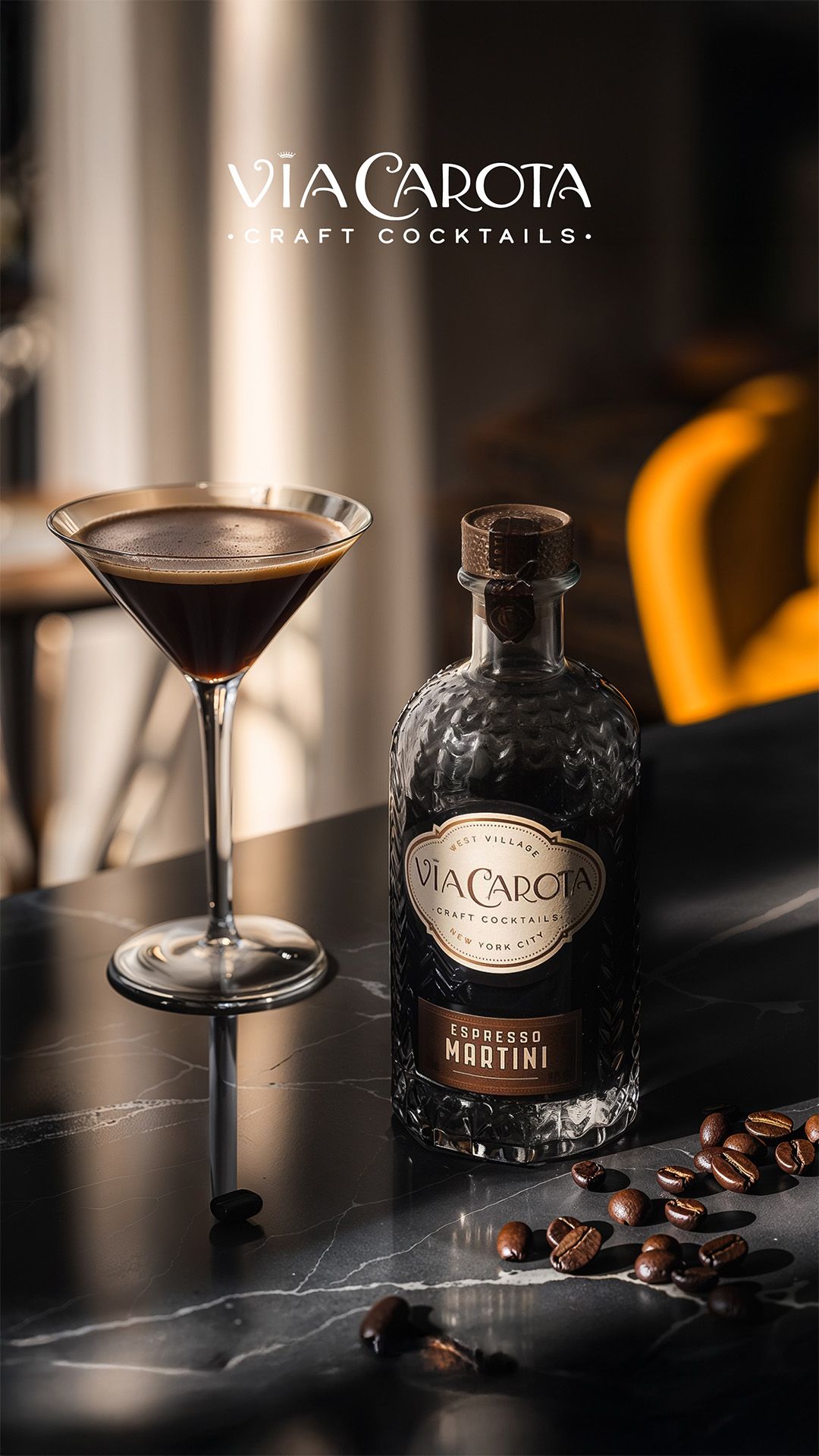 Via Carota 9:16 social story with a bottled cocktail in warm West Village light — Chronos Studio.