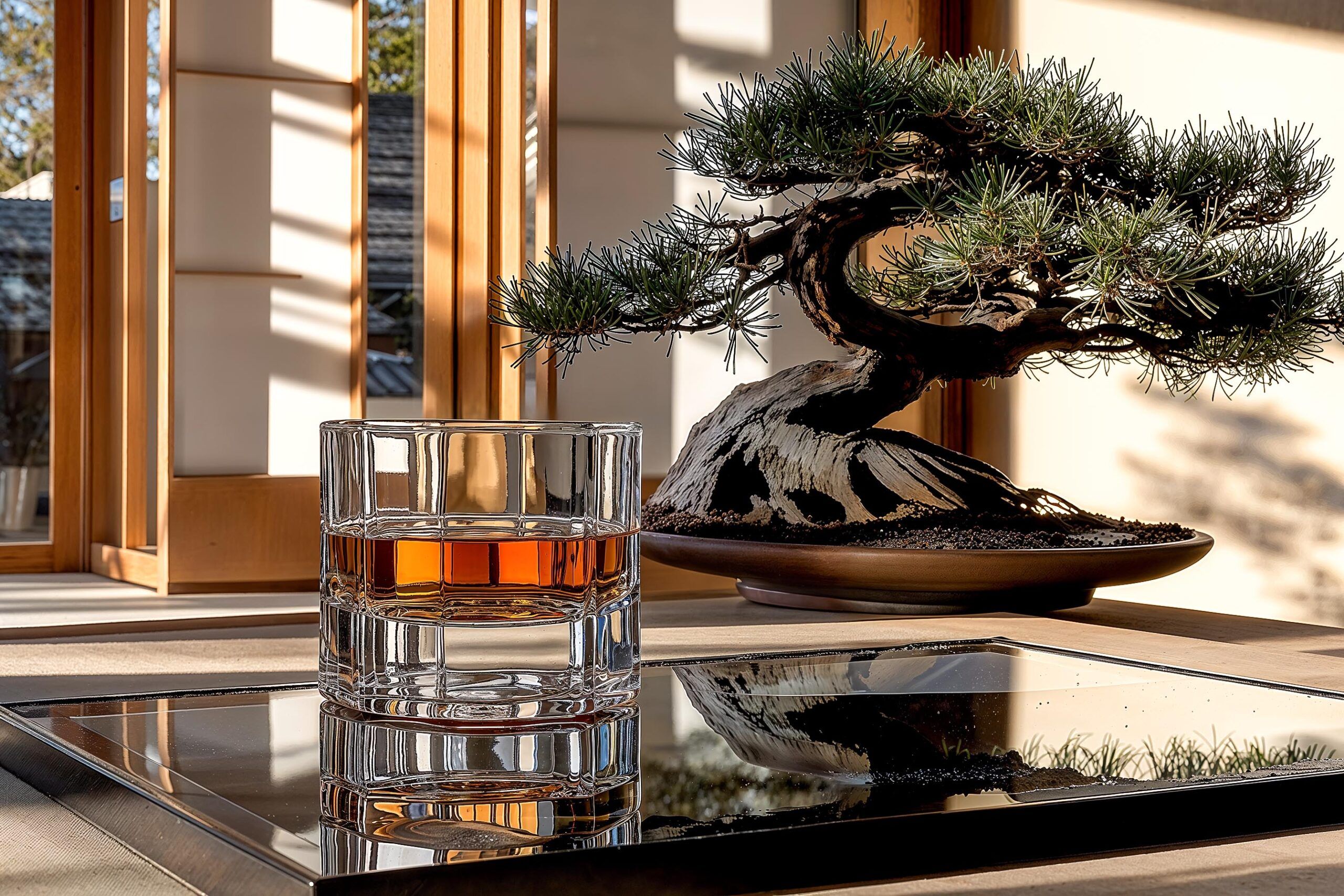 Whisky glass beside a bonsai pine in a sunlit Japanese interior — lifestyle frame by Chronos Studio.