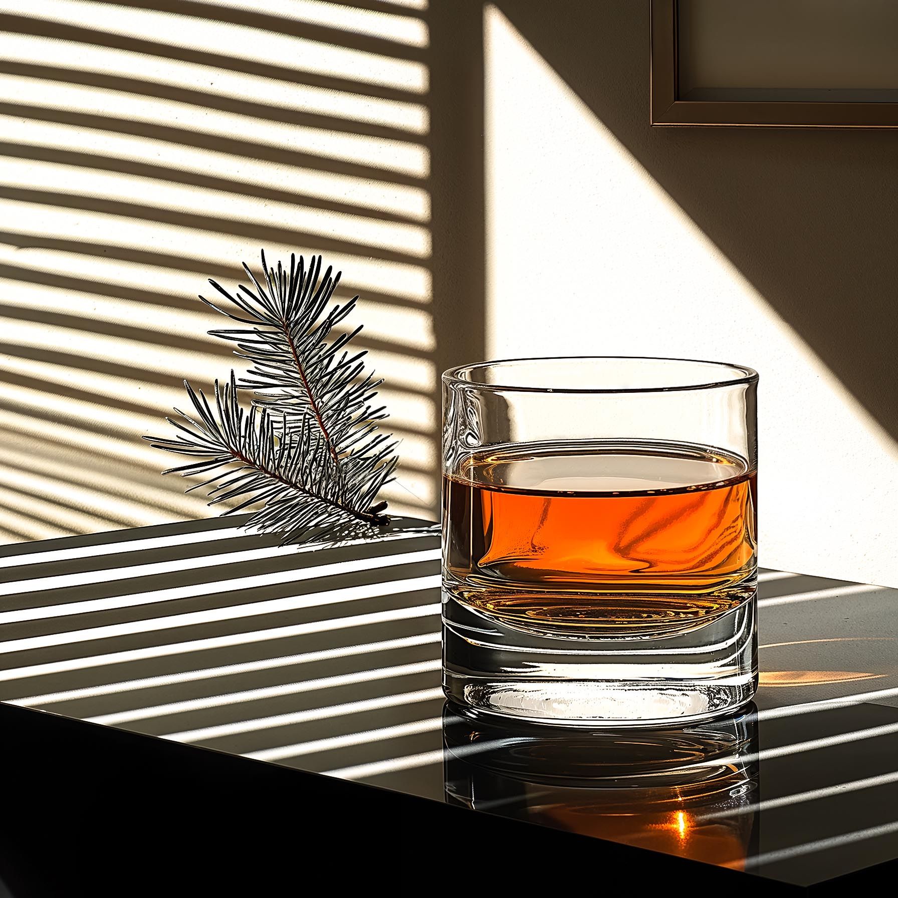 Faceted whisky glass with a pine sprig under striped blind shadows — minimal Japanese still life by Chronos Studio.