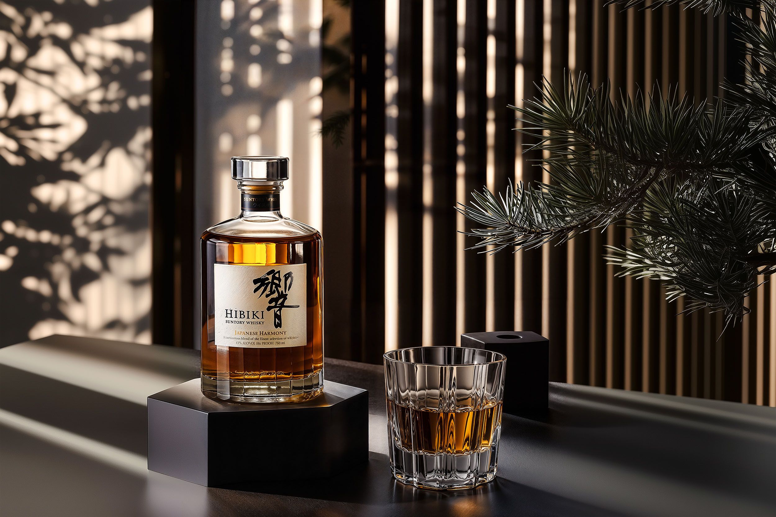 Hibiki bottle on a hexagonal plinth beside a faceted whisky glass, pine branch and shoji shadows — Chronos Studio.