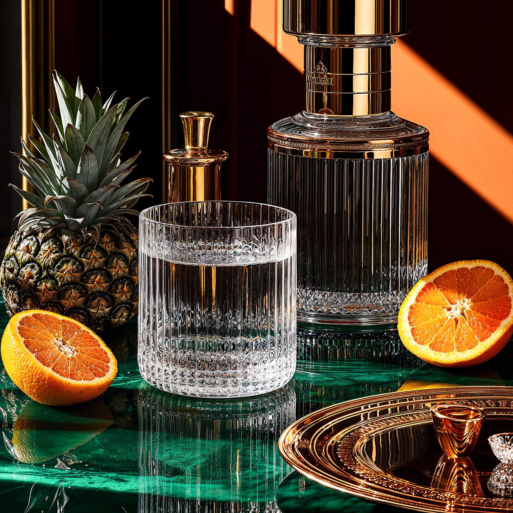 Gin cocktail still life with cut crystal, oranges and a pineapple on green malachite — set design by Chronos Studio.