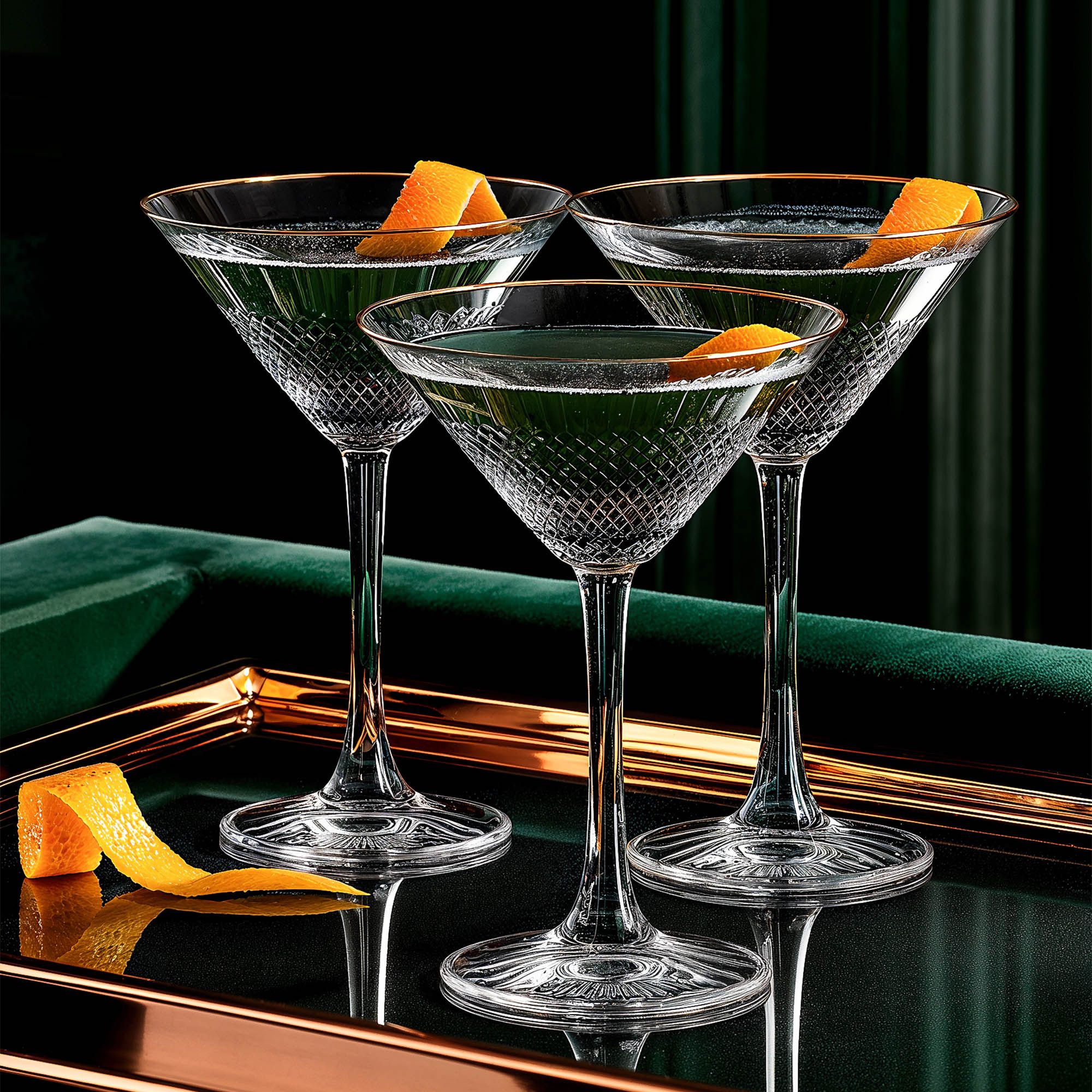Three crystal martini cocktails with orange twists on a copper tray against dark green velvet — Chronos Studio for Strange Nature.