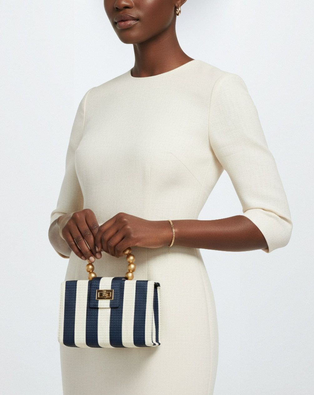 AI product photography of a model in a cream dress holding a luxury accessory — Chronos Studio.