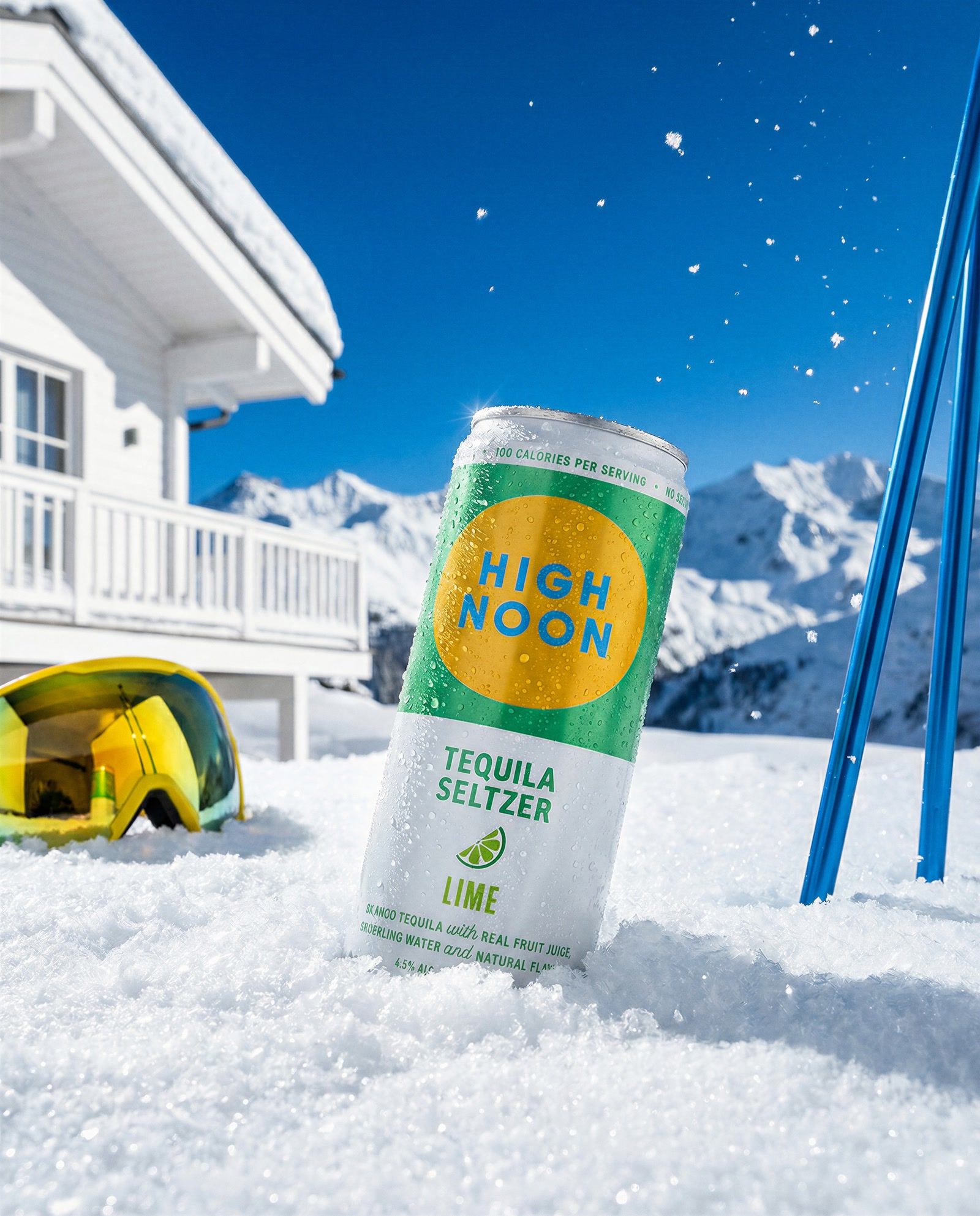 AI campaign photography of a High Noon tequila seltzer can planted in alpine snow beside ski goggles — Chronos Studio.