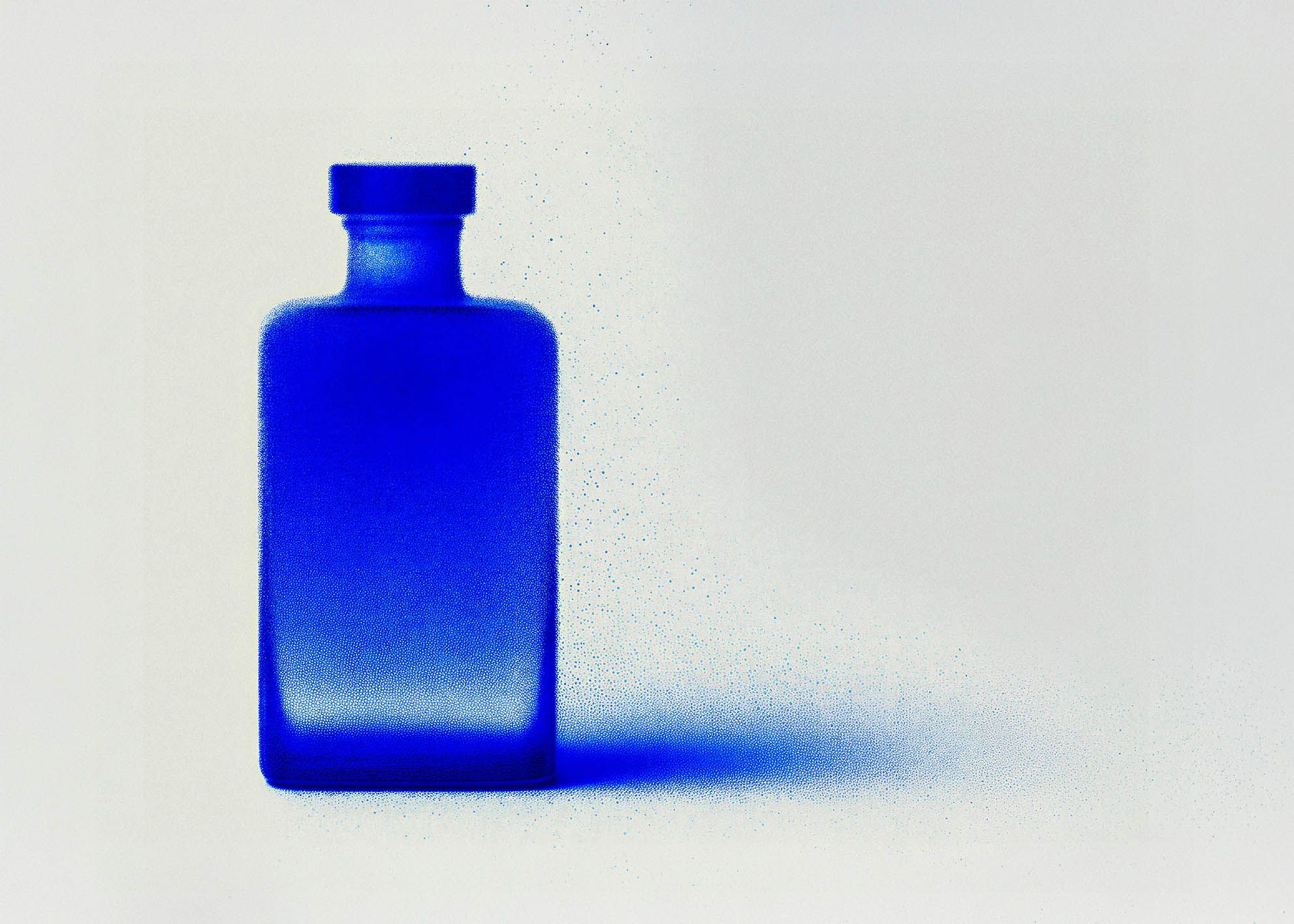 An abstract cobalt-blue bottle rendered in stippled particles that disperse into scattered dots on a pale background — evoking AI image generation.