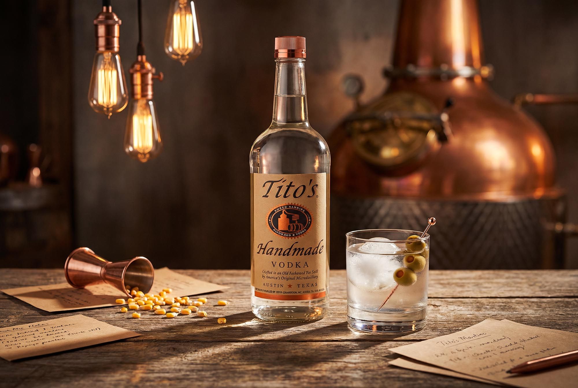 A bottle of Tito's Handmade Vodka beside an olive martini and a copper jigger on a rustic wood table, with Edison bulbs and a copper still behind.