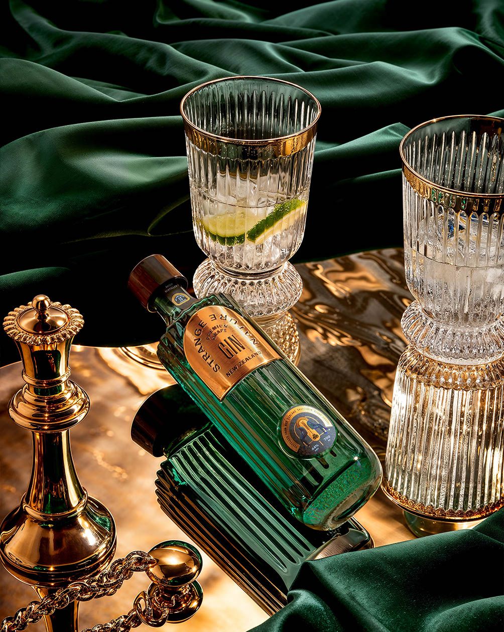 AI product photography of a Strange Nature gin bottle in a sculptural botanical set — Chronos Studio.