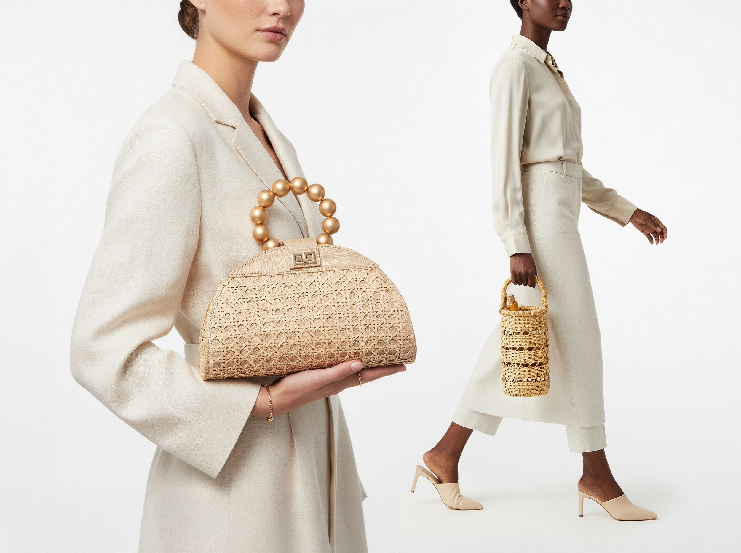 Two models carrying handwoven artisan bags in warm light — Powered by People case study by Chronos Studio.