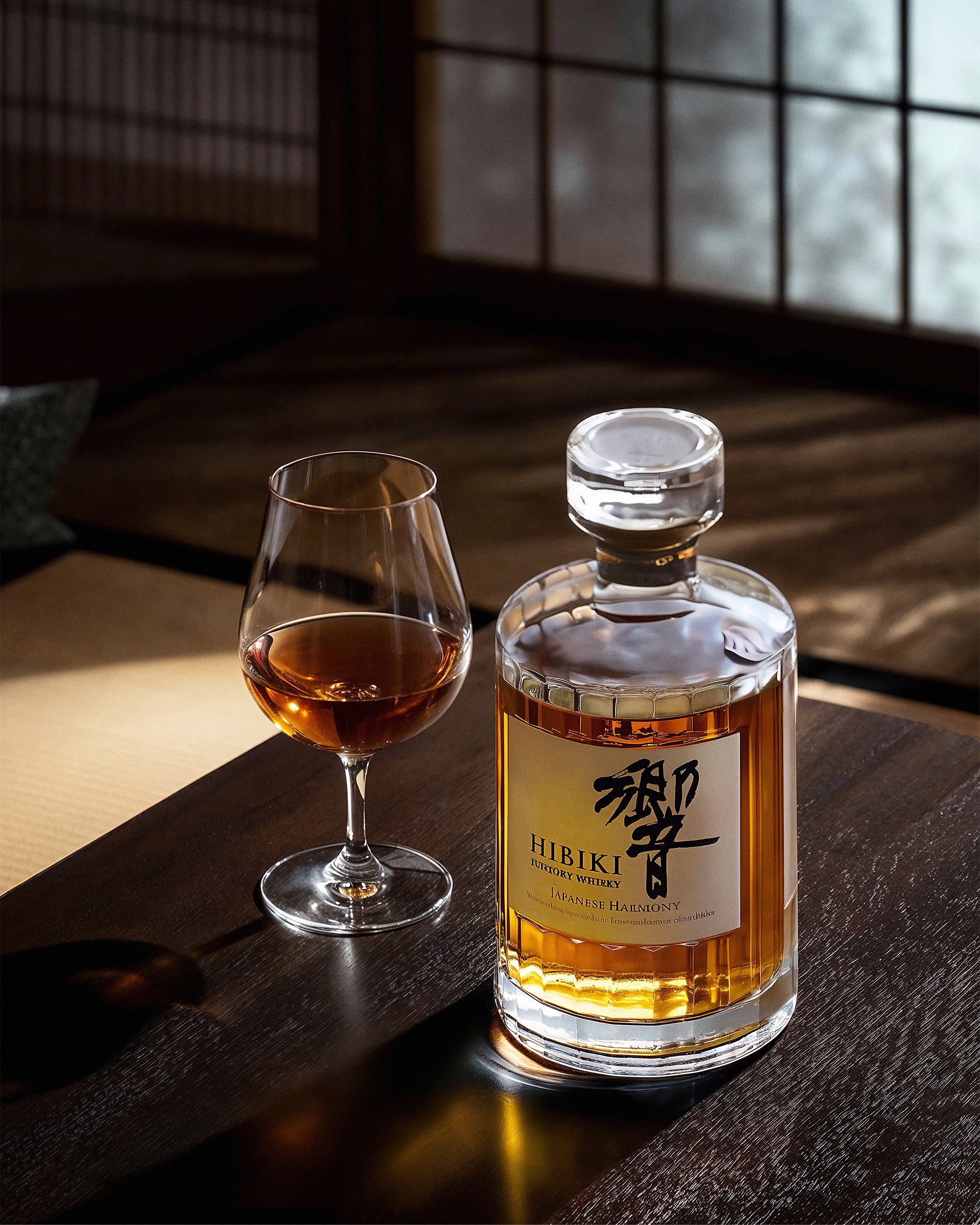 Hibiki bottle and a tulip tasting glass of whisky on a dark wooden table in low shoji light — Chronos Studio.