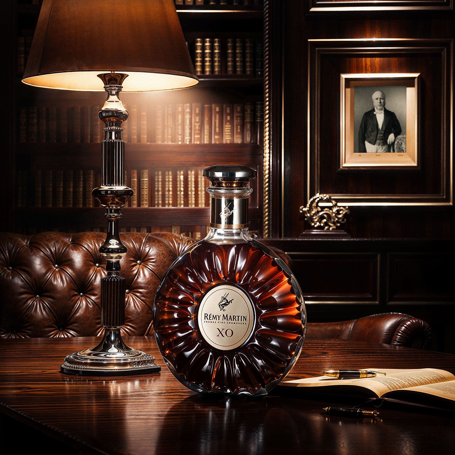 Square composition of the ruby-lit XO decanter against leather — Chronos Studio.