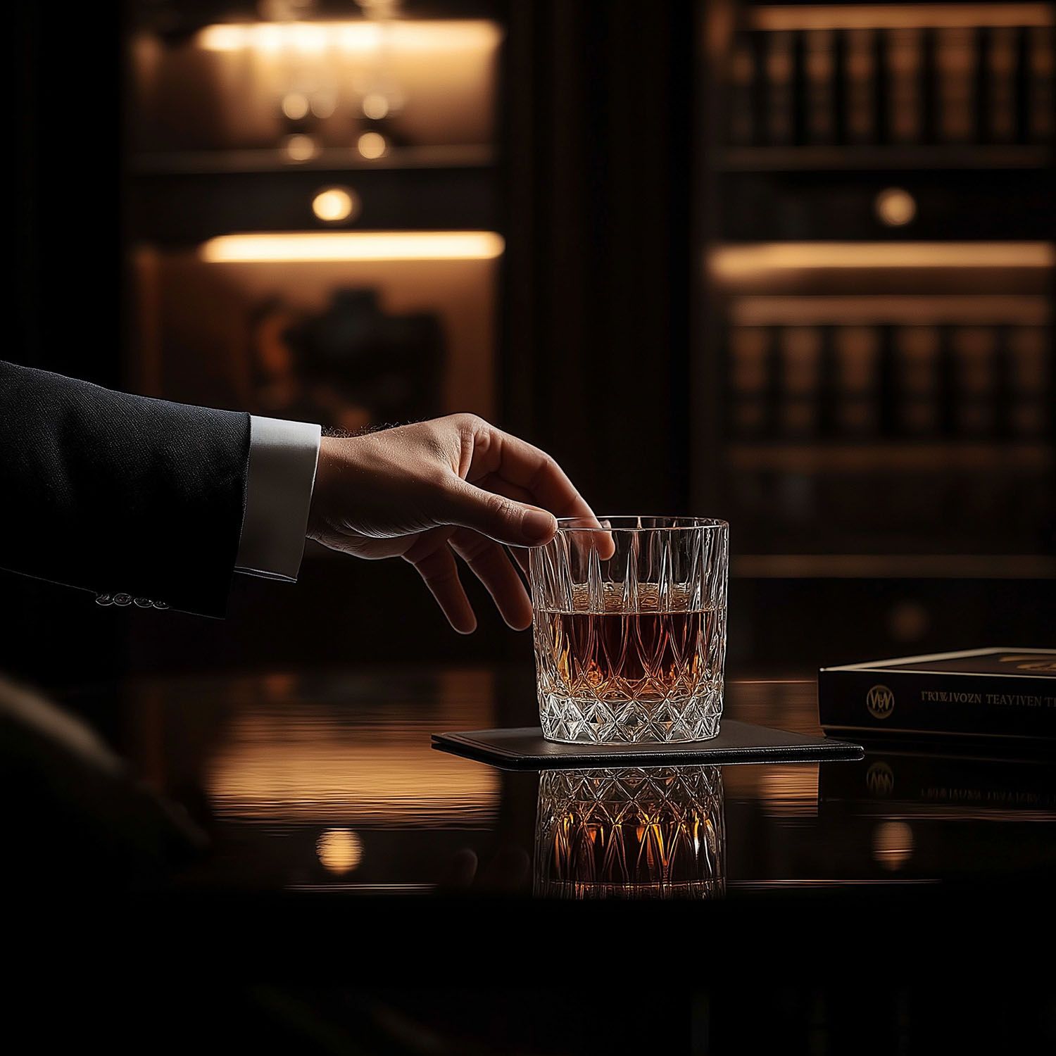 Square still life of the XO decanter in warm library light — Chronos Studio.