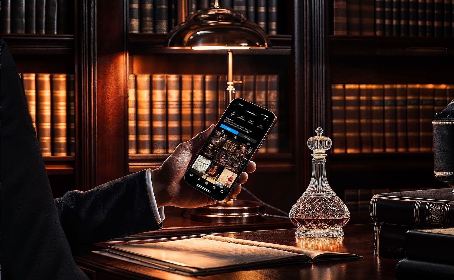 A hand holds a phone showing the Rémy Martin Instagram profile, XO decanter and library beyond — social-first delivery by Chronos Studio.