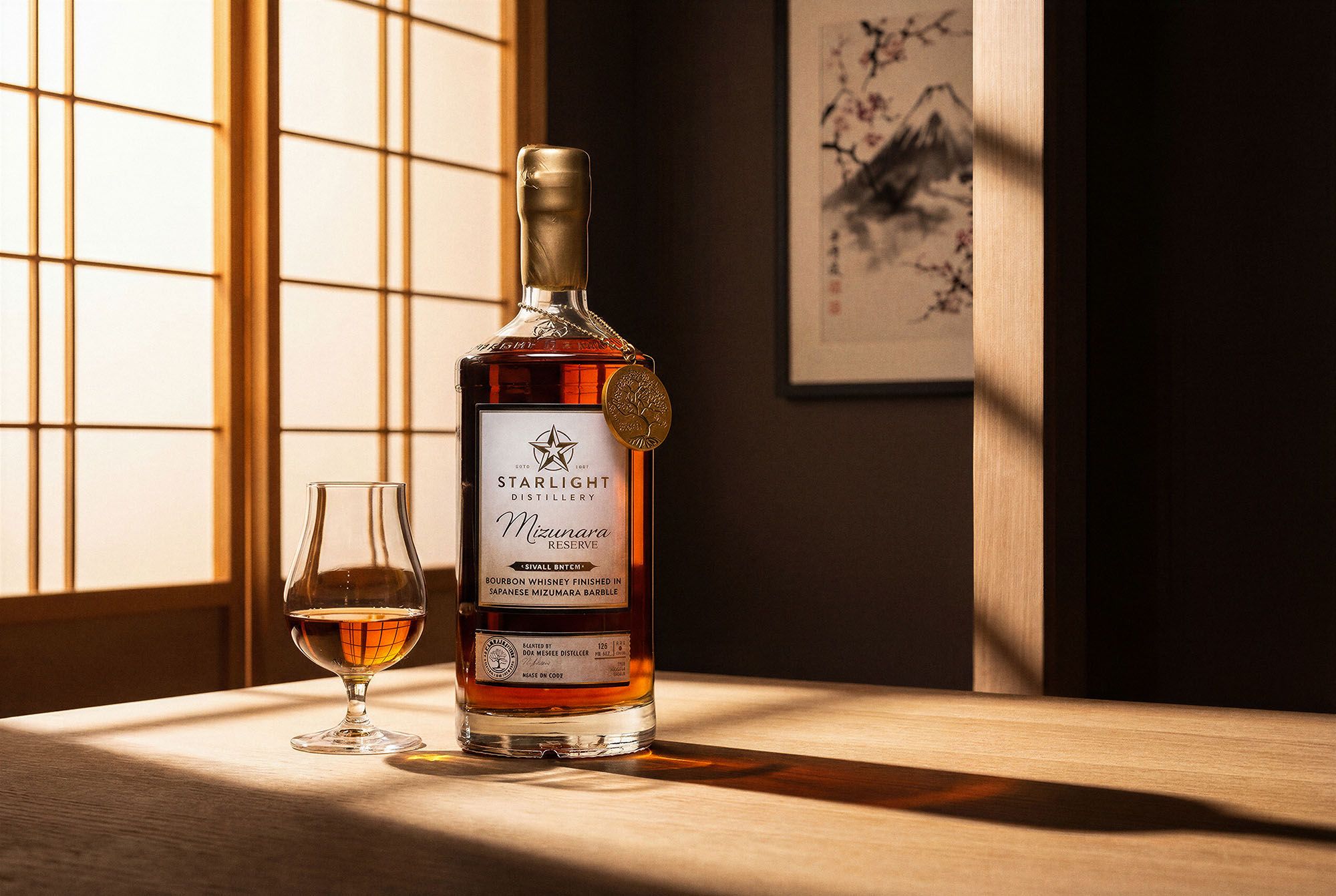 A bottle of Starlight Distillery Mizunara Reserve whiskey and a filled nosing glass on a wooden table in a sunlit Japanese room with shoji screens.