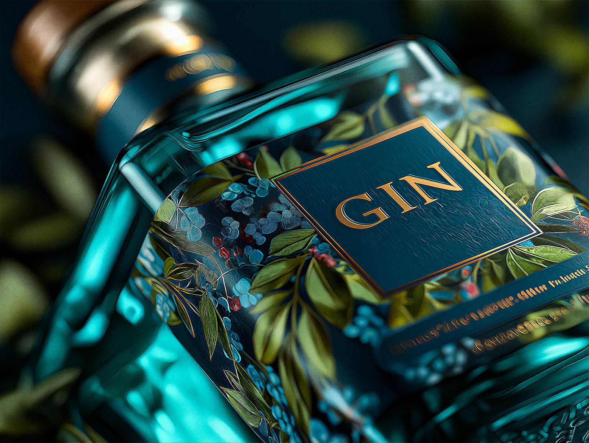 Macro close-up of a teal gin bottle with an ornate botanical label and gold lettering, lit in moody editorial light.