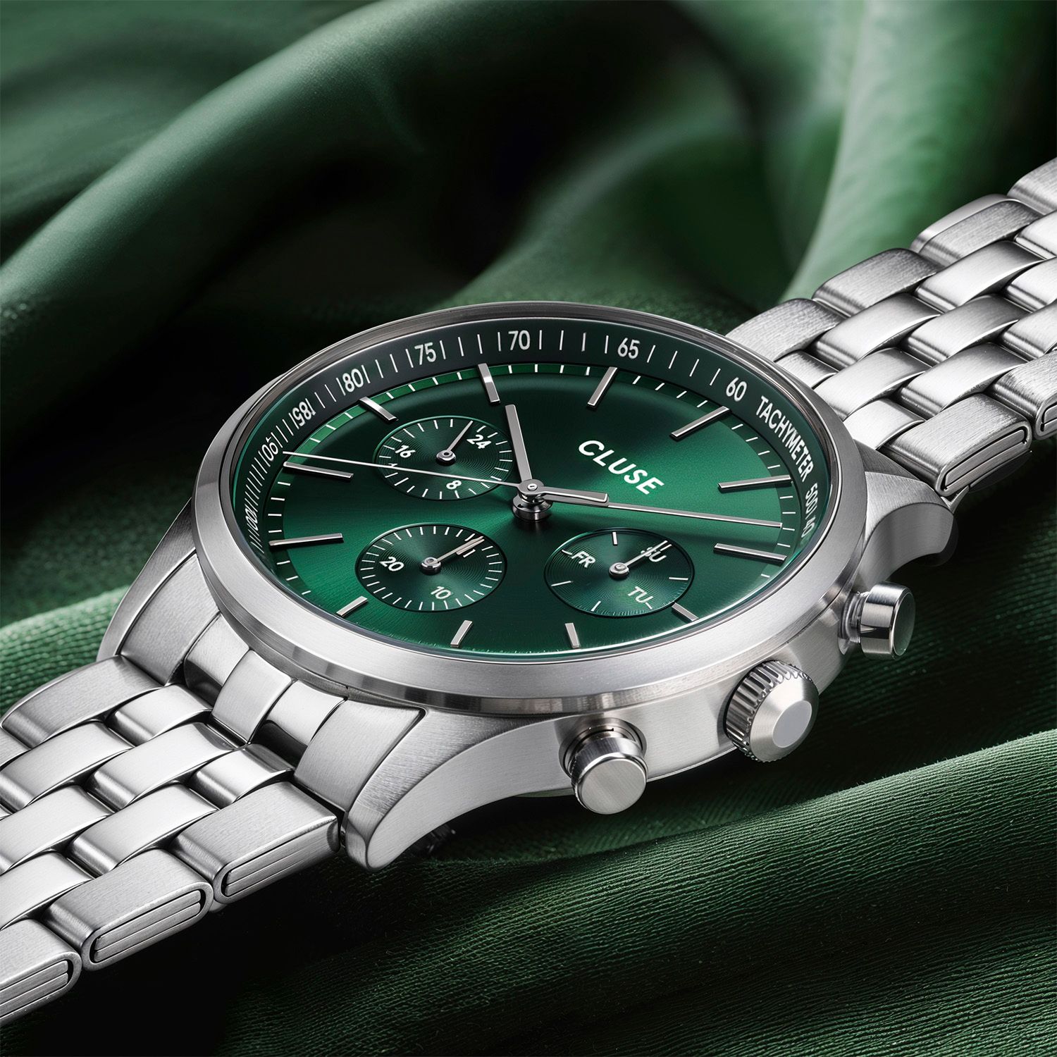 CLUSE emerald chronograph square post on tonal green set — Chronos Studio.