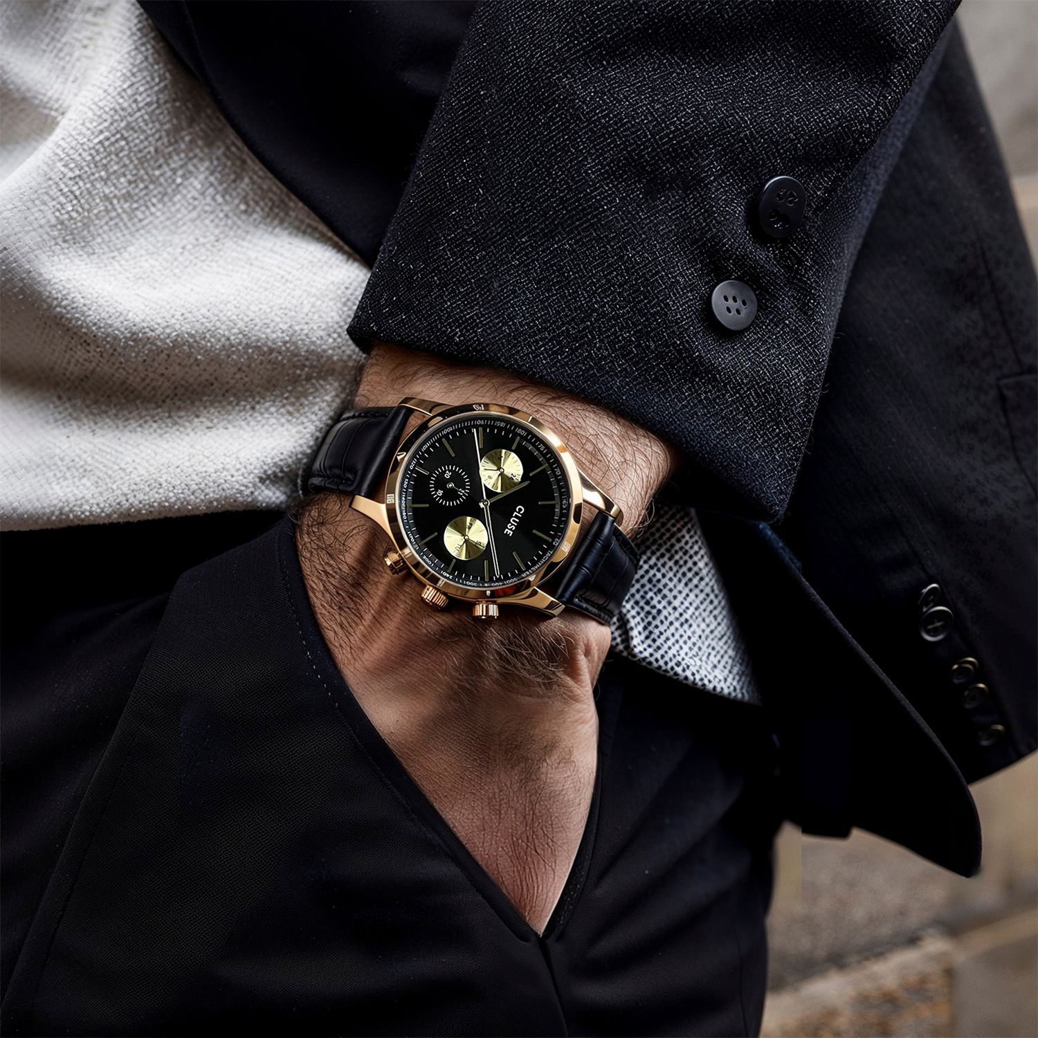 CLUSE chronograph lifestyle square post with tailored styling — Chronos Studio.