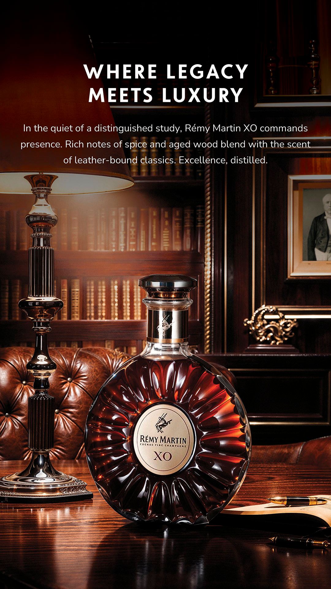 Rémy Martin XO 9:16 social story with the decanter in warm library light — Chronos Studio.