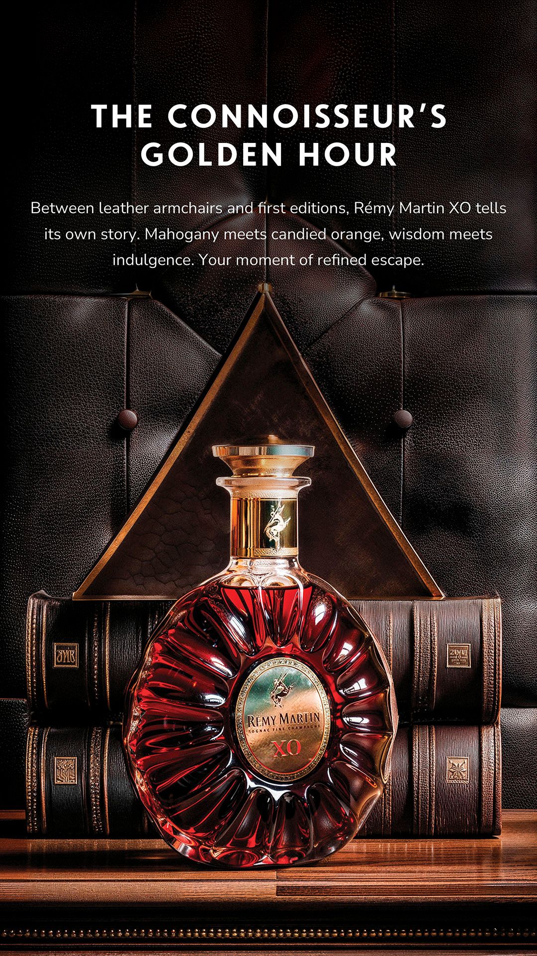 Rémy Martin XO vertical campaign frame with golden amber tones — Chronos Studio.
