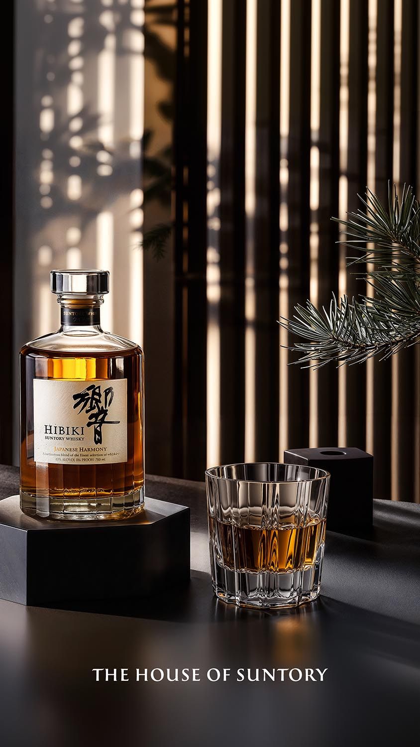 Hibiki 9:16 social story frame with the bottle in warm minimal styling — Chronos Studio.