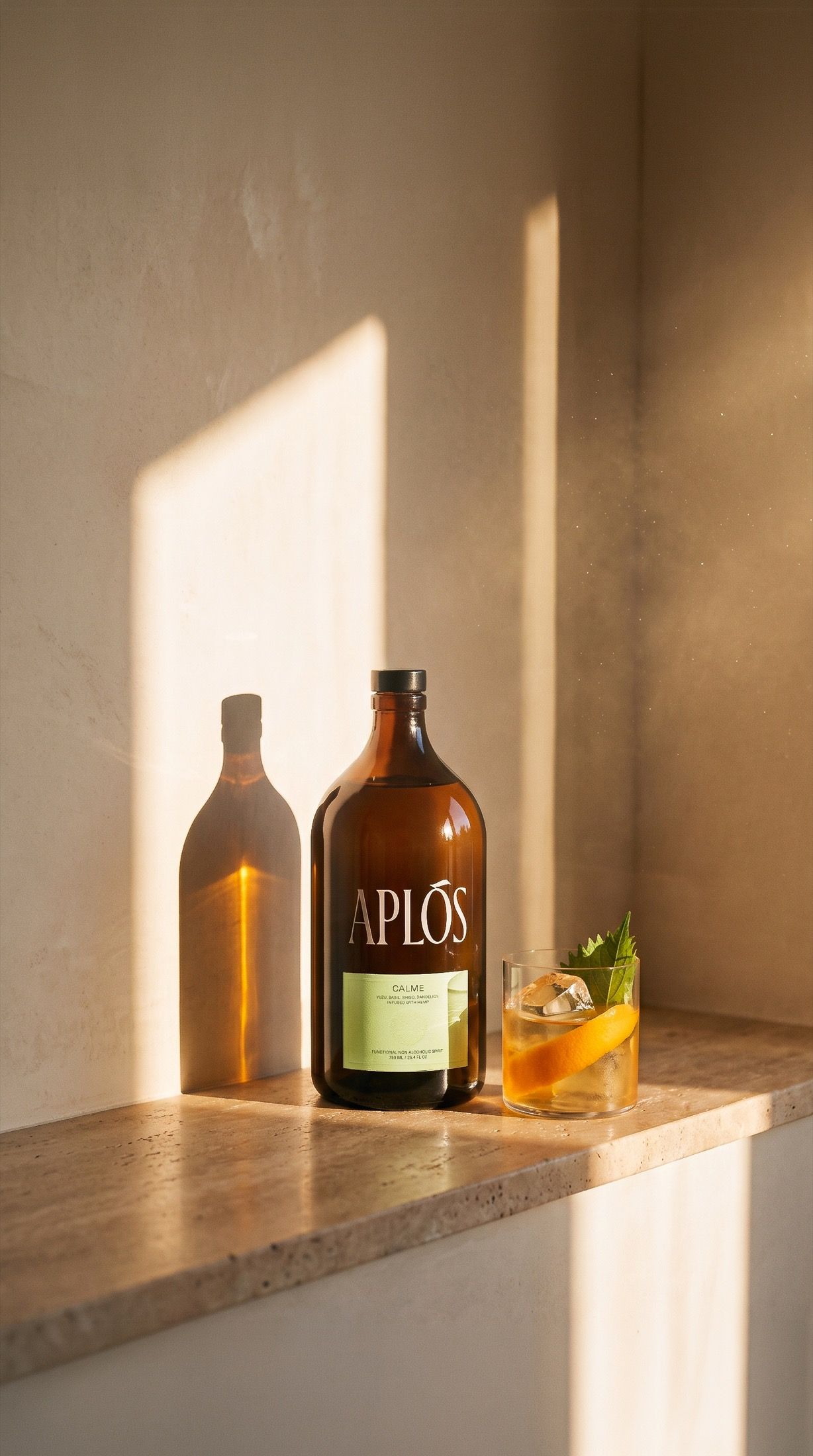 Vertical golden-hour frame — the Aplós bottle and serve on a travertine ledge with a shaft of late sun climbing the plaster wall behind, composed for story formats.