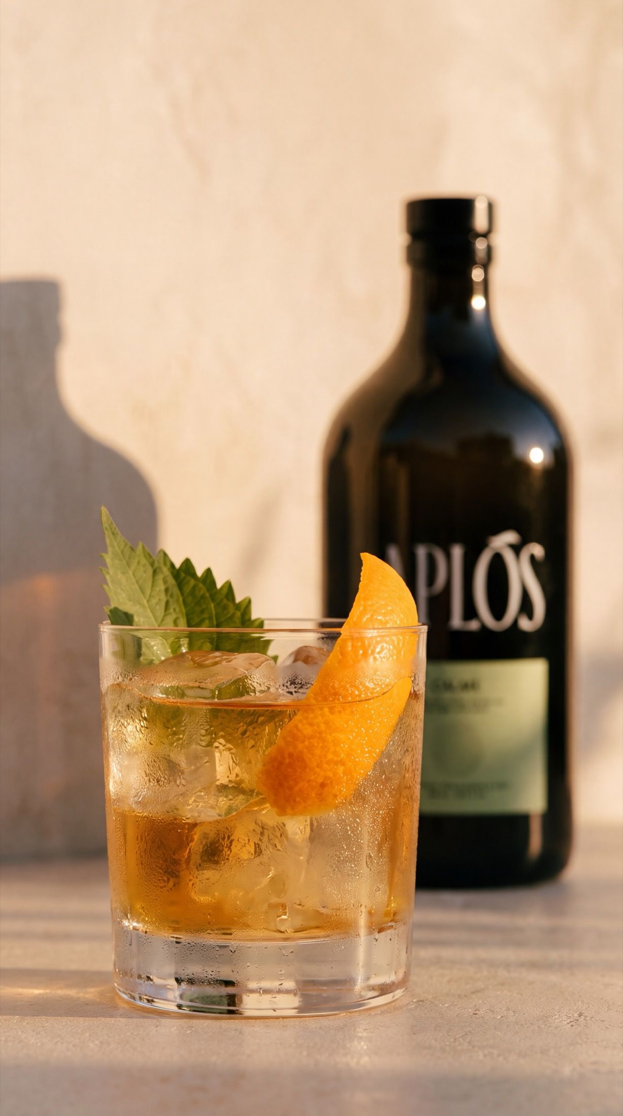 Vertical extreme macro of the chilled serve — hand-cut ice, shiso leaf and mandarin peel with the Aplós bottle soft behind in golden light.