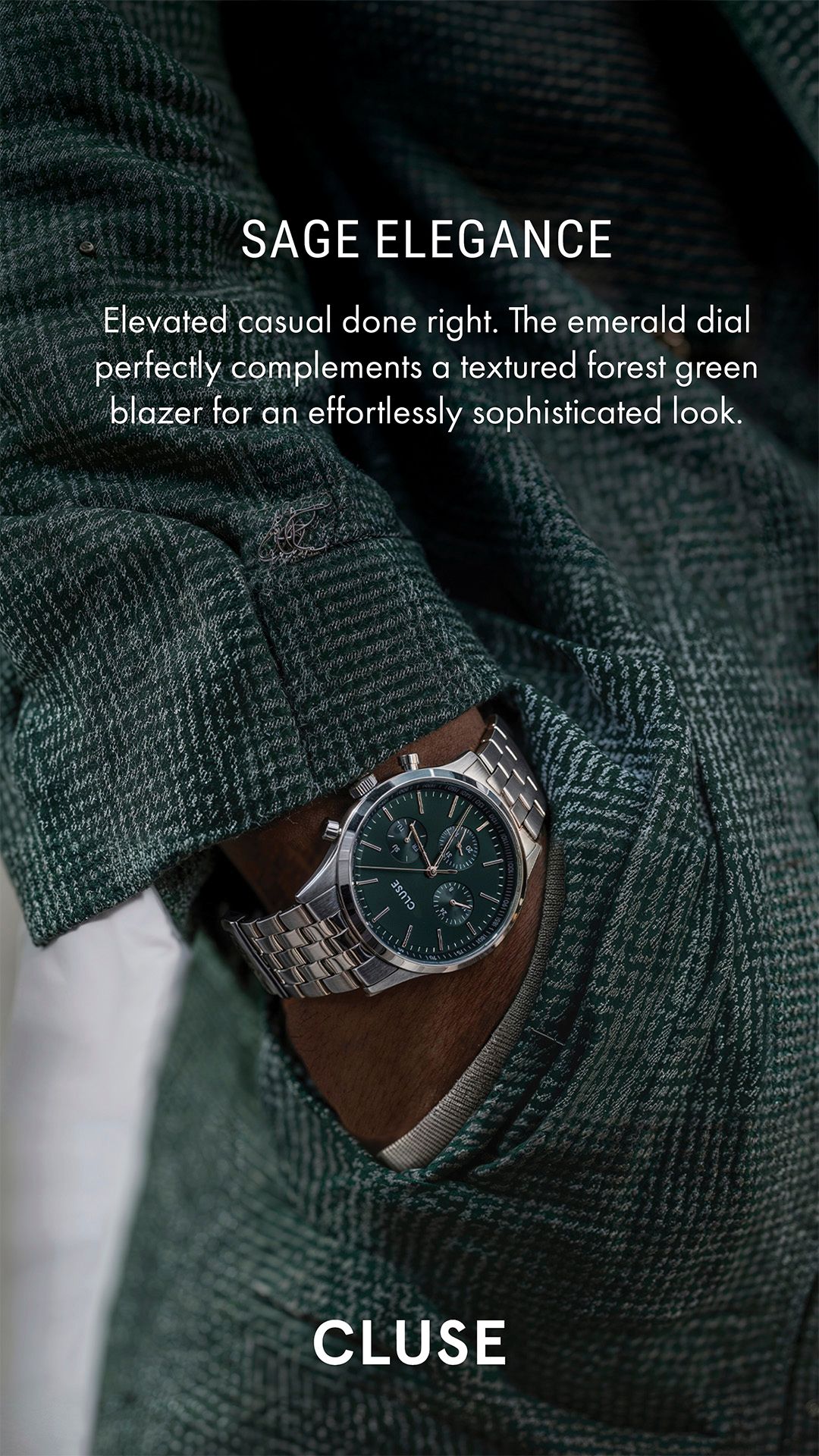 CLUSE 9:16 social story with the emerald chronograph on set — Chronos Studio.