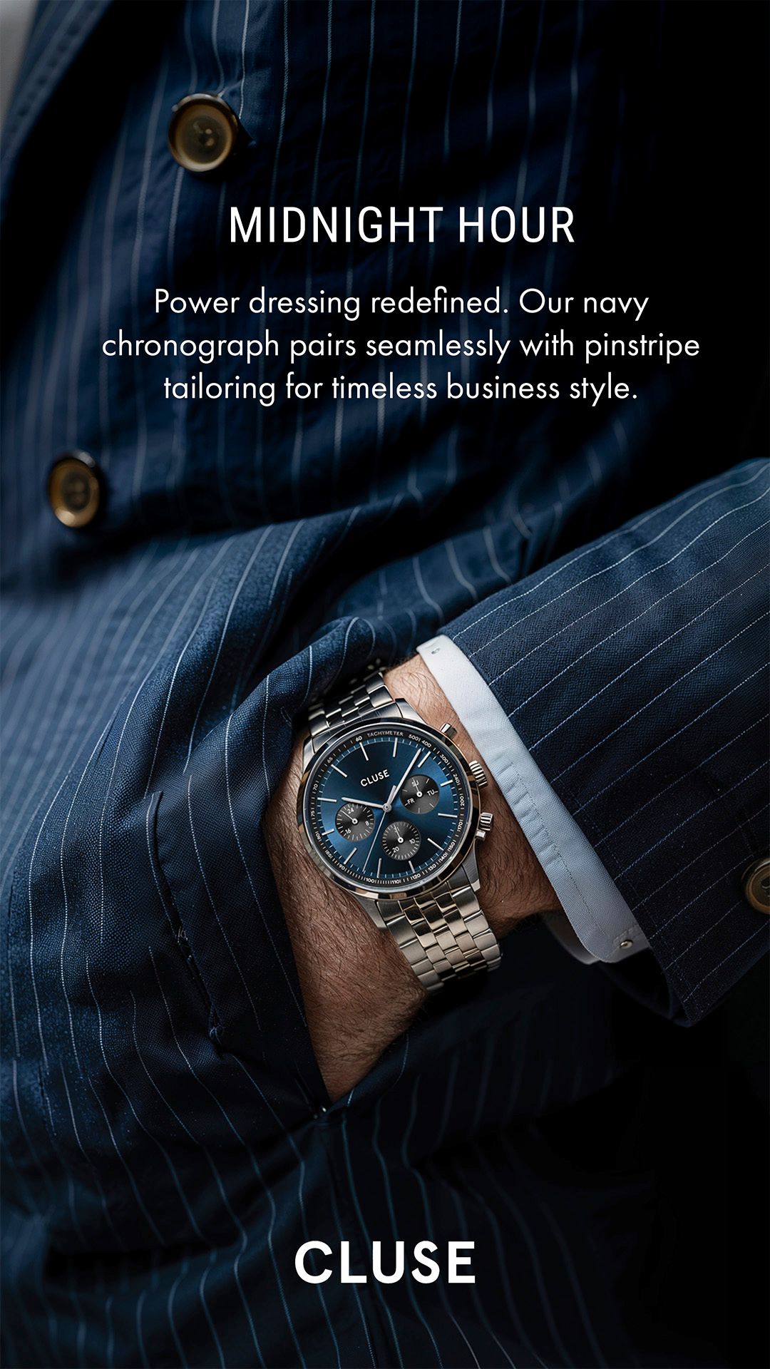 CLUSE vertical social story with the navy chronograph at the cuff — Chronos Studio.