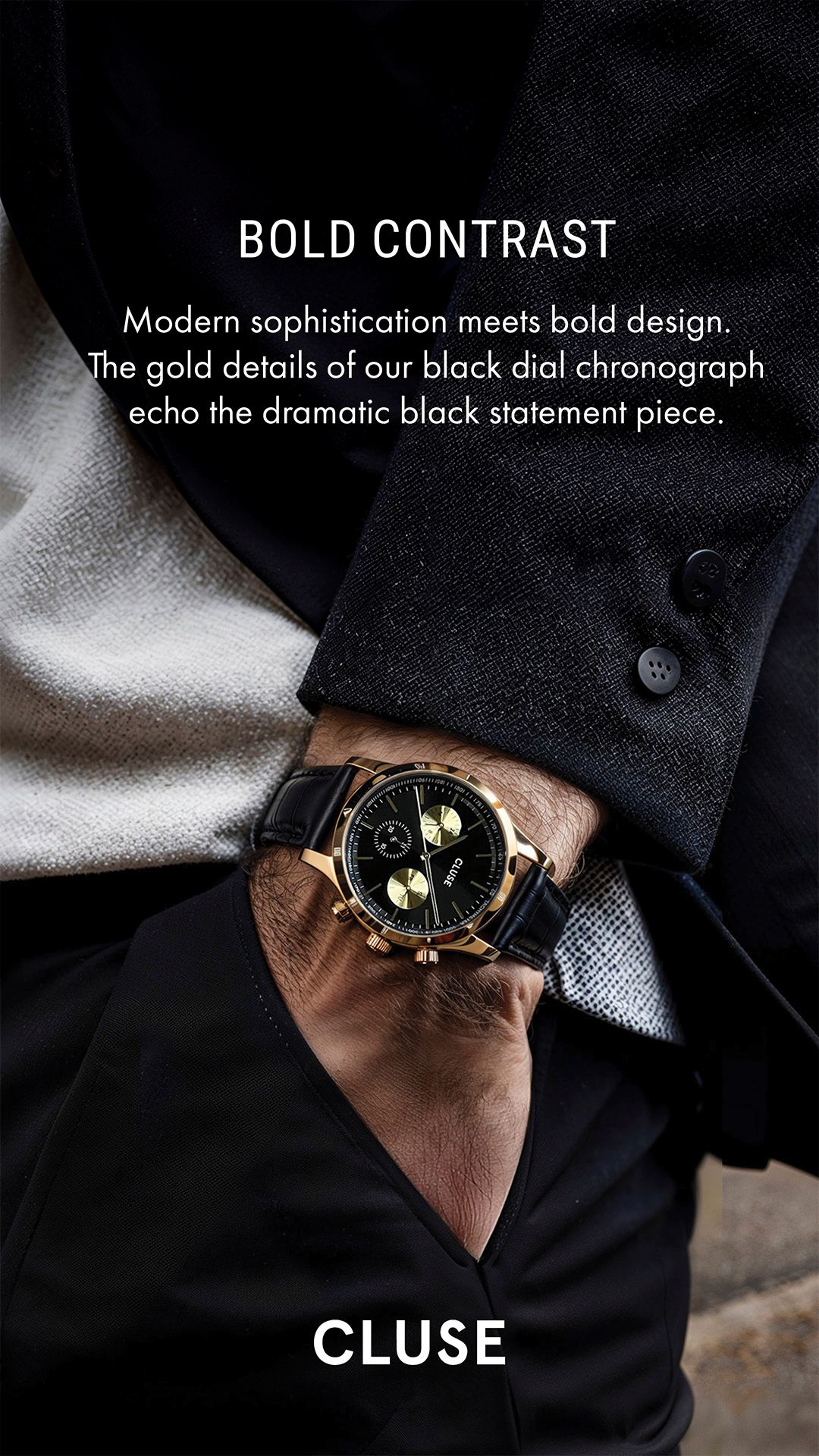 CLUSE vertical story frame with the black and gold chronograph — Chronos Studio.