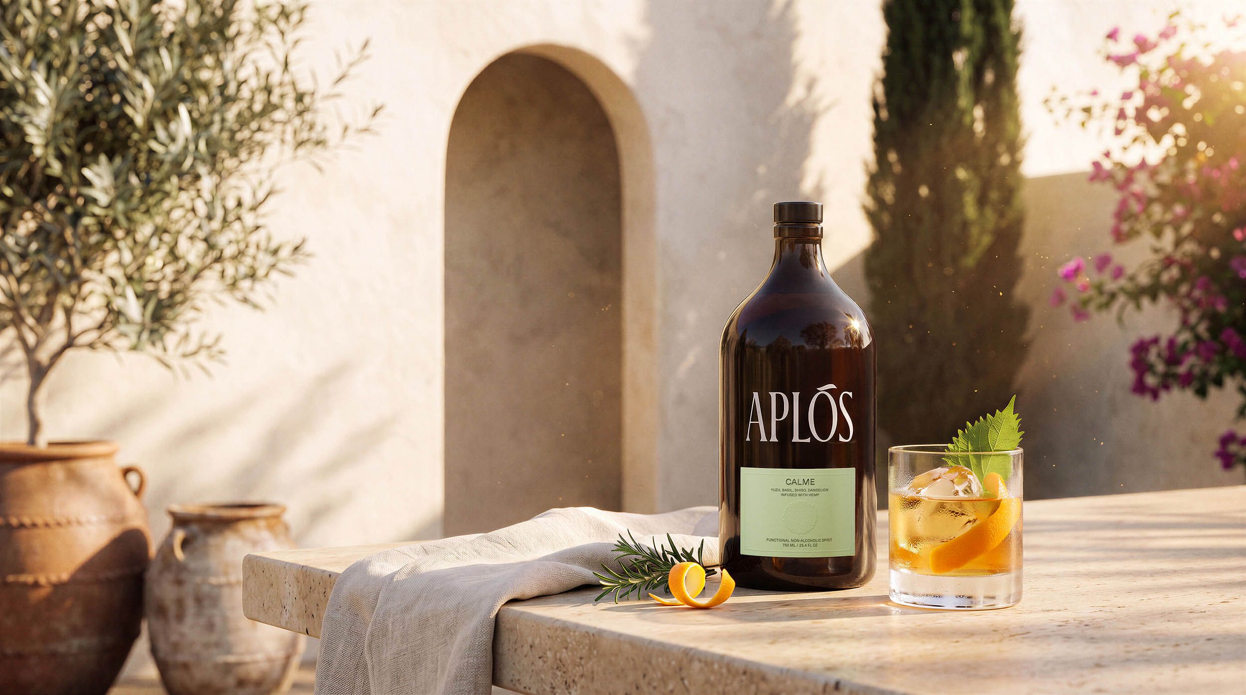 The Aplós bottle and a mandarin-garnished serve on a travertine table before an arched plaster opening, olive tree and cypress in warm late sun — the Terrace hero by Chronos Studio.